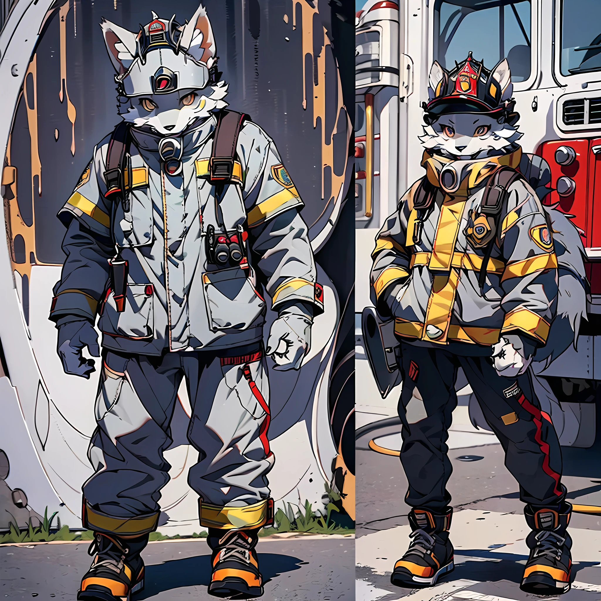 (Best Quality), (Masterpiece), (((Solitude))), (Ultra Detailed), (Furry), Full Body Furry, Furry, (Male Arctic Fox: 1.5), (Grey Skin: 1.3), (Gray Fur: 1.3), Character Focus, (Golden Eyes), ((Canine Paws)), ((Detailed People)), (Gray Ears), Sharp Focus, (Furry Feeling of Animal Ears), ((Wearing Firefighter's Clothing)), ((Wearing Fireman's Helmet)), Firefighter boots, firefighter outfit, standing next to fire truck, detailed background, (firefighter), fire truck