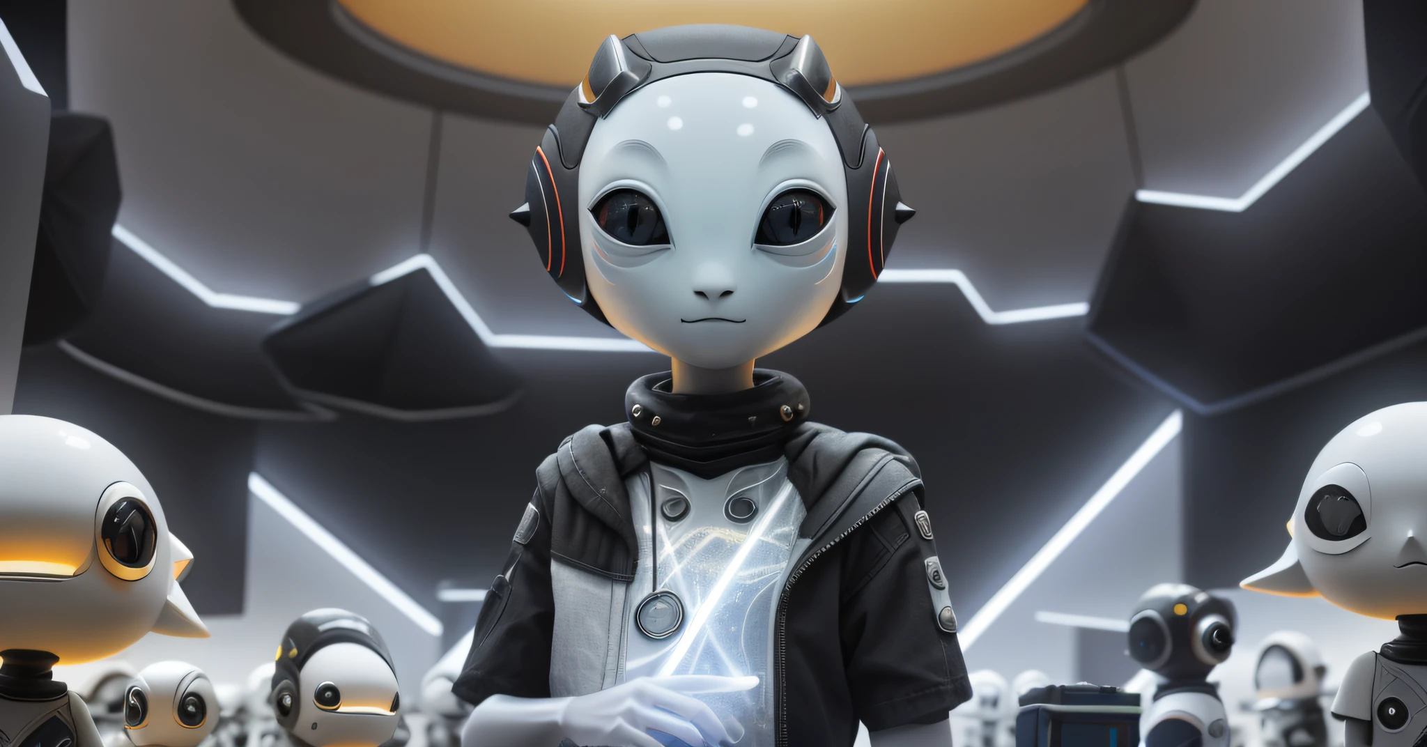 An alien, with albino and realistic skin, large head, short and thin neck, very large eyes and all black, which reflects the local lighting, a nose similar to that of humans but small, a mouth similar to that of humans but small and it is noticeable a slight smile on his lips, the body is thin,  the alien wears a white fulfilled sleeve T-shirt with a letter made of small silver that appears to the right represented inside a triangle of the same size, small and hard breasts, the alien appears completely naked full body , it is possible to see his reproductive organs, it is possible to notice a silver necklace hanging from his neck,  with a triangular pinjente with an eye that sees everything in the center as a symbol. the alien is in a recording studio whose scenery is minimalist and features a gray background in gradient hue to circular white, the camera captures the image from the waist up, the alien presents friendly and light expressions, the alien interact with the camera always with a slight smile of satisfaction and tranquility,  The skin used and all the elements are of extreme realism, especially the skins, the lighting is an illumination inspired by the 80s.