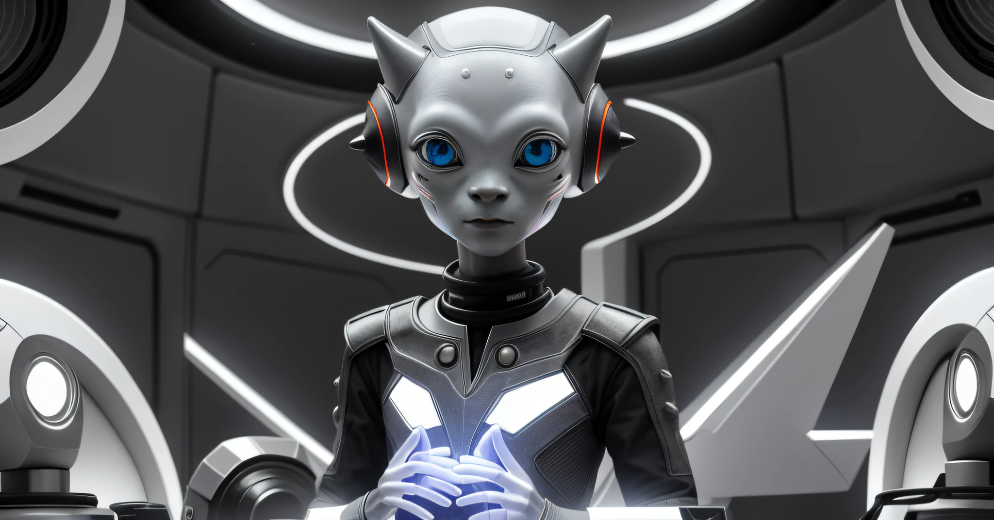 An alien, with albino and realistic skin, large head, short and thin neck, very large eyes and all black, which reflects the local lighting, a nose similar to that of humans but small, a mouth similar to that of humans but small and it is noticeable a slight smile on his lips, the body is thin,  the alien wears a white fulfilled sleeve T-shirt with a letter made of small silver that appears to the right represented inside a triangle of the same size, small and hard breasts, the alien appears completely naked full body , it is possible to see his reproductive organs, it is possible to notice a silver necklace hanging from his neck,  with a triangular pinjente with an eye that sees everything in the center as a symbol. the alien is in a recording studio whose scenery is minimalist and features a gray background in gradient hue to circular white, the camera captures the image from the waist up, the alien presents friendly and light expressions, the alien interact with the camera always with a slight smile of satisfaction and tranquility,  The skin used and all the elements are of extreme realism, especially the skins, the lighting is an illumination inspired by the 80s.