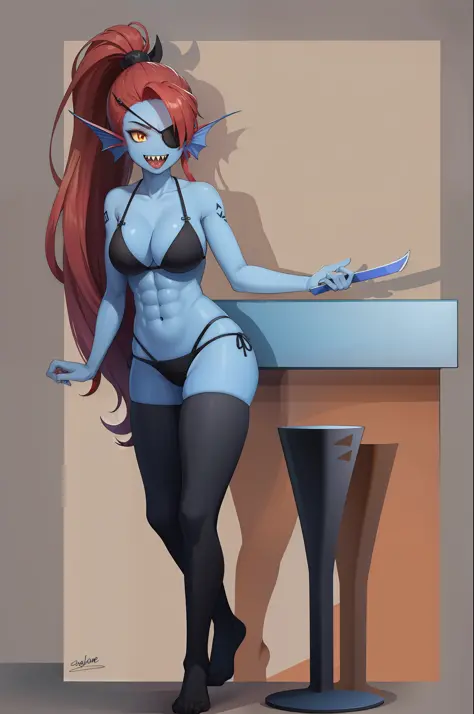 (Masterpiece, Best Quality, High Quality, Highres:1.4), Detailed, Extremely Detailed, Ambient Soft Lighting, 4K,

Black Background, Simple Background, 

1Girl, (Solo:1.4), (Blue Skin:1.6), Standing, full Body, (undyne:1.2), 

(Red Hair:1.2), High Ponytail,...