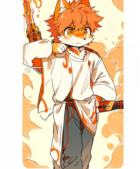 Masterpiece, masterpiece, high quality, orange fox ears, an orange fox holding a large sword, orange fox tail, flame element, tw...