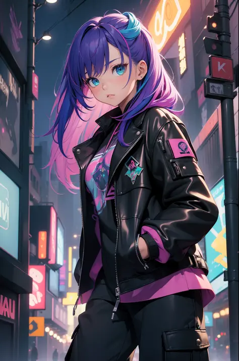 (masterpiece:1.4), 1girl, Streetwear, leather jacket, cargo pants, street, (masterpiece, best quality, highres, ultra detailed ), night, depth of field, absurdres, (masterpiece:1.4), ultra-detailed, 1girl, stand up, magenta and teal, long purple wildly hai...