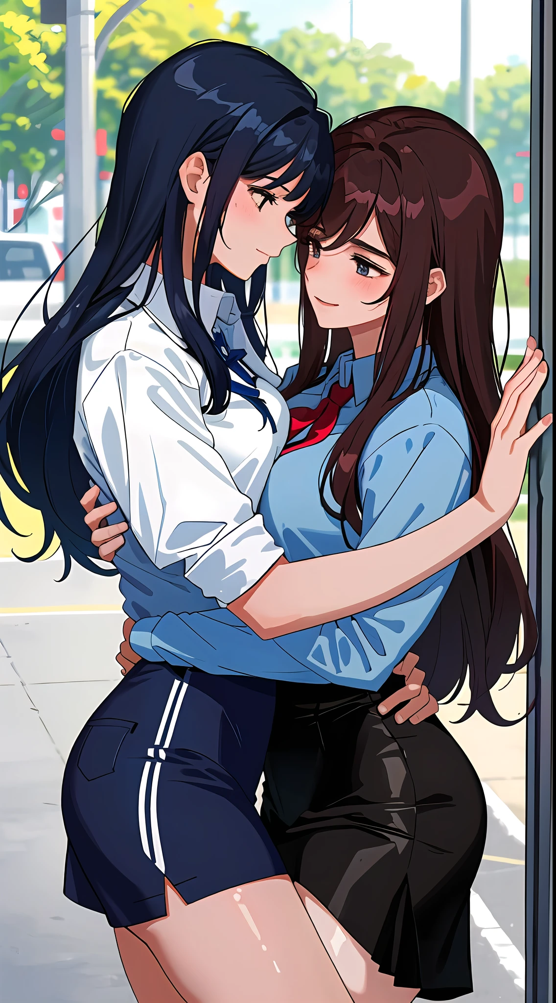 Anime image of a couple of women hugging each other on a street - SeaArt AI