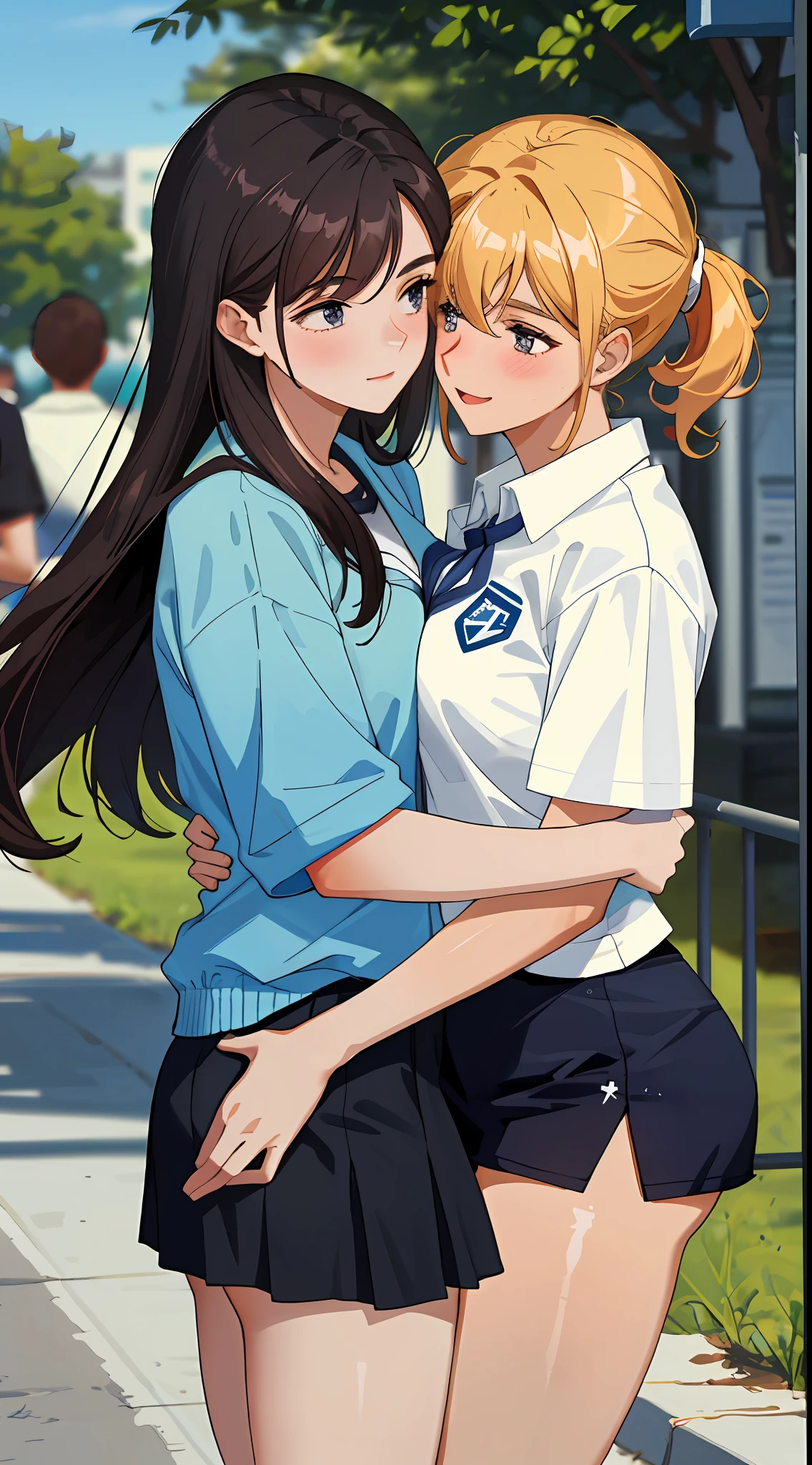 Anime couple hugging on the street in front of a bus - SeaArt AI