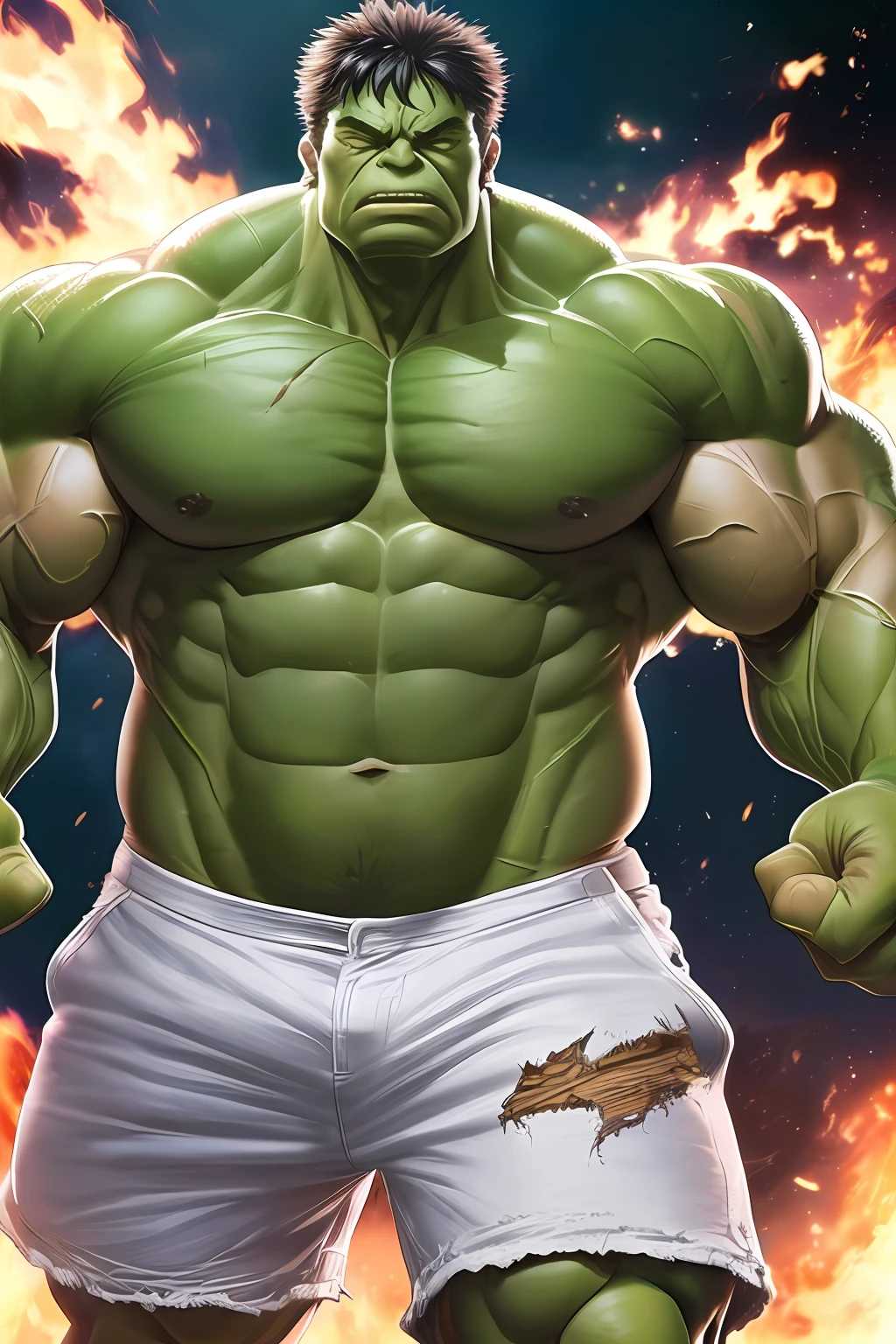 Hulk in shorts with fire in the background - SeaArt AI