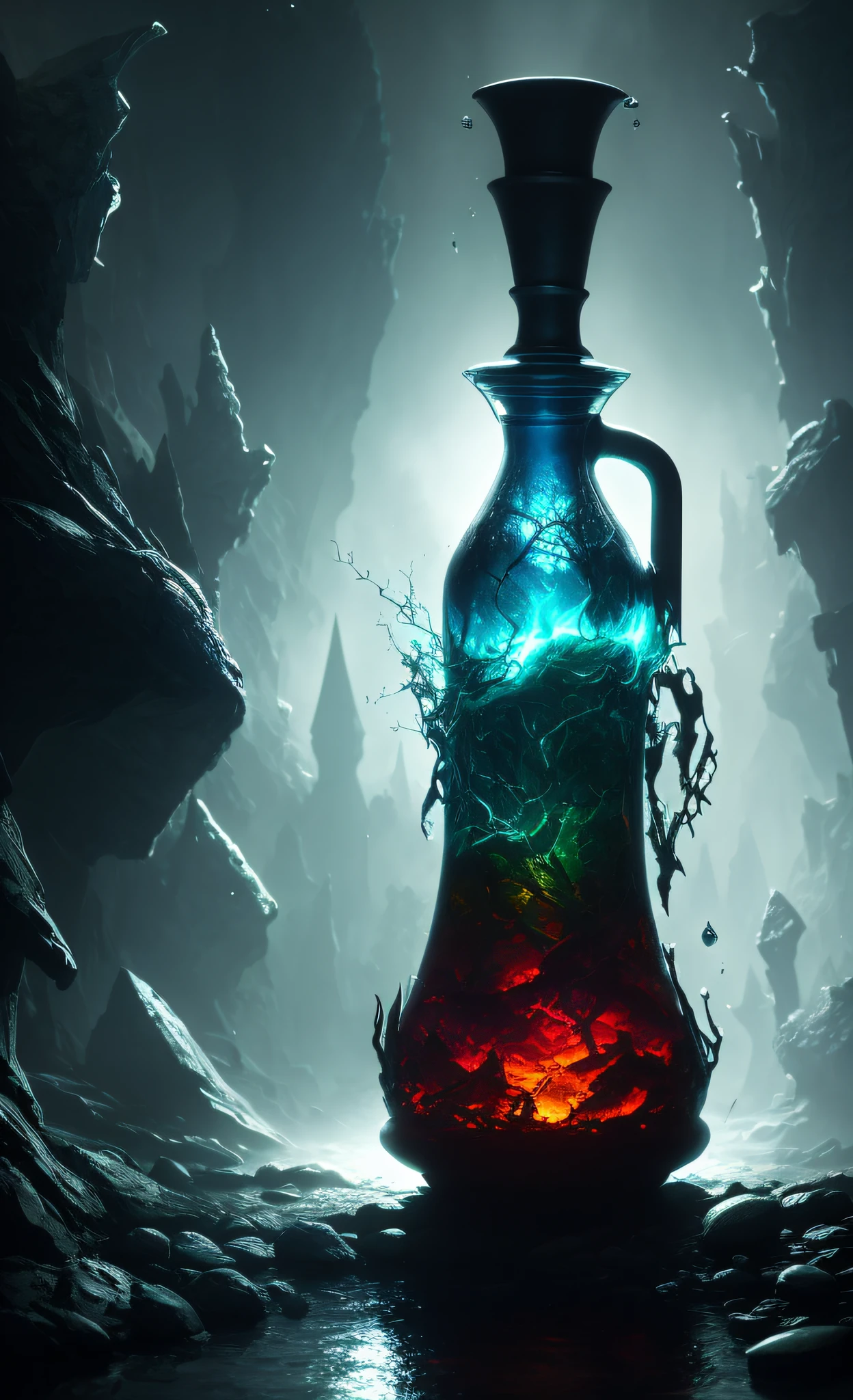 masterpiece, best quality, mixing potions, dark moody lighting, glow, glowing, mysterious, mystical, magical, rim lighting