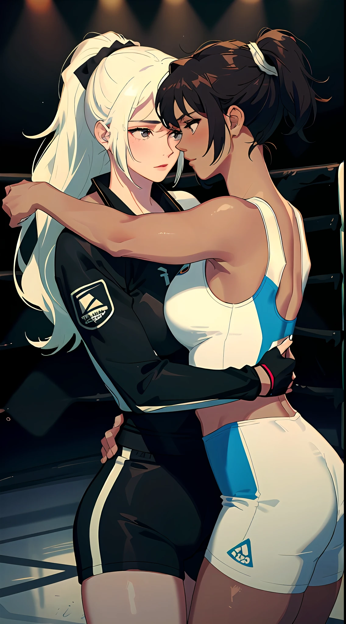 2 women hugging in a ring, wearing sexy MMA clothes, on a hot summer day, sexy:1,5, yuri, lesbian, nsfw, lascivious:1,5