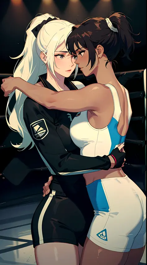 2 women hugging in a ring, wearing sexy mma clothes, on a hot summer day, sexy:1,5, yuri, lesbian, nsfw, lascivious:1,5