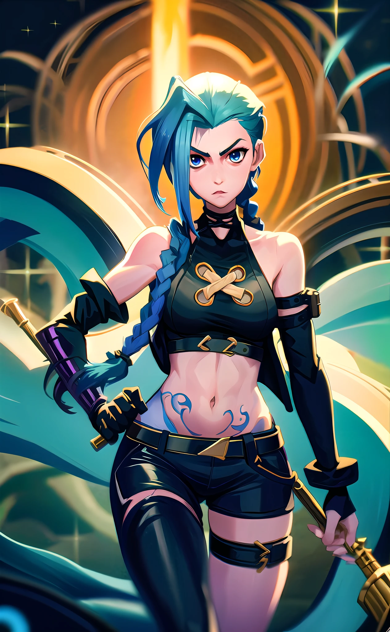 Jinx \(Arcane\), 1girl, fighting position, long hair, two braids, tattoos on the body, clouds print, belt, bodysuit, open navel, exfoliated sleeves, blue eyes, thigh vent, holding, holding a weapon, looking at the viewer, night, night sky, bag, sky, solo, weapons, white hair, wire, short shorts, shorts, open jacket, ((masterpiece, best quality)), close-up, straight, ((1 girl)), (incredible absurdity),  (detailed light), lighting, colorful, layered background, (gorgeous background), dynamic angle, delicate background, (glitter),