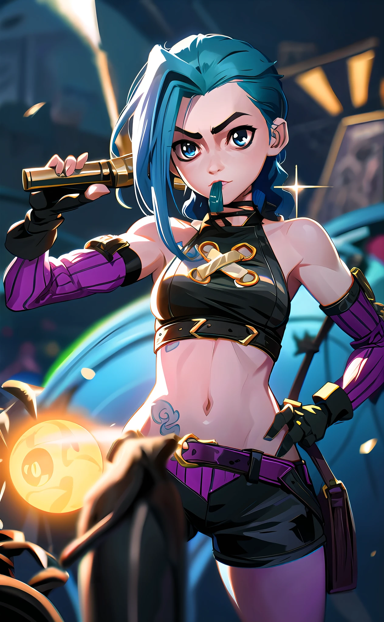 Jinx \(Arcane\), 1girl, combat position, long hair, two braids, tattoos on the body, clouds print, belt, Jinx's main weapon is her minigun nicknamed "Puff-Pyshch", the shocker "Chpoker", "biting grenades", Super-mega-rocket, as well as the shark-shaped rocket launcher "Skeleton", bodysuit, open navel, exfoliated sleeves, blue eyes, thigh vent, holding, holding a weapon, looking at the viewer, night, night sky, bag,  sky, solo, weapon, white hair, wire, short shorts, shorts, open jacket, ((masterpiece, best quality)), close-up, straight, ((1 girl)), (incredible absurdity), (detailed light), lighting, colorful, layered background, (gorgeous background), dynamic angle, delicate background, (glitter),