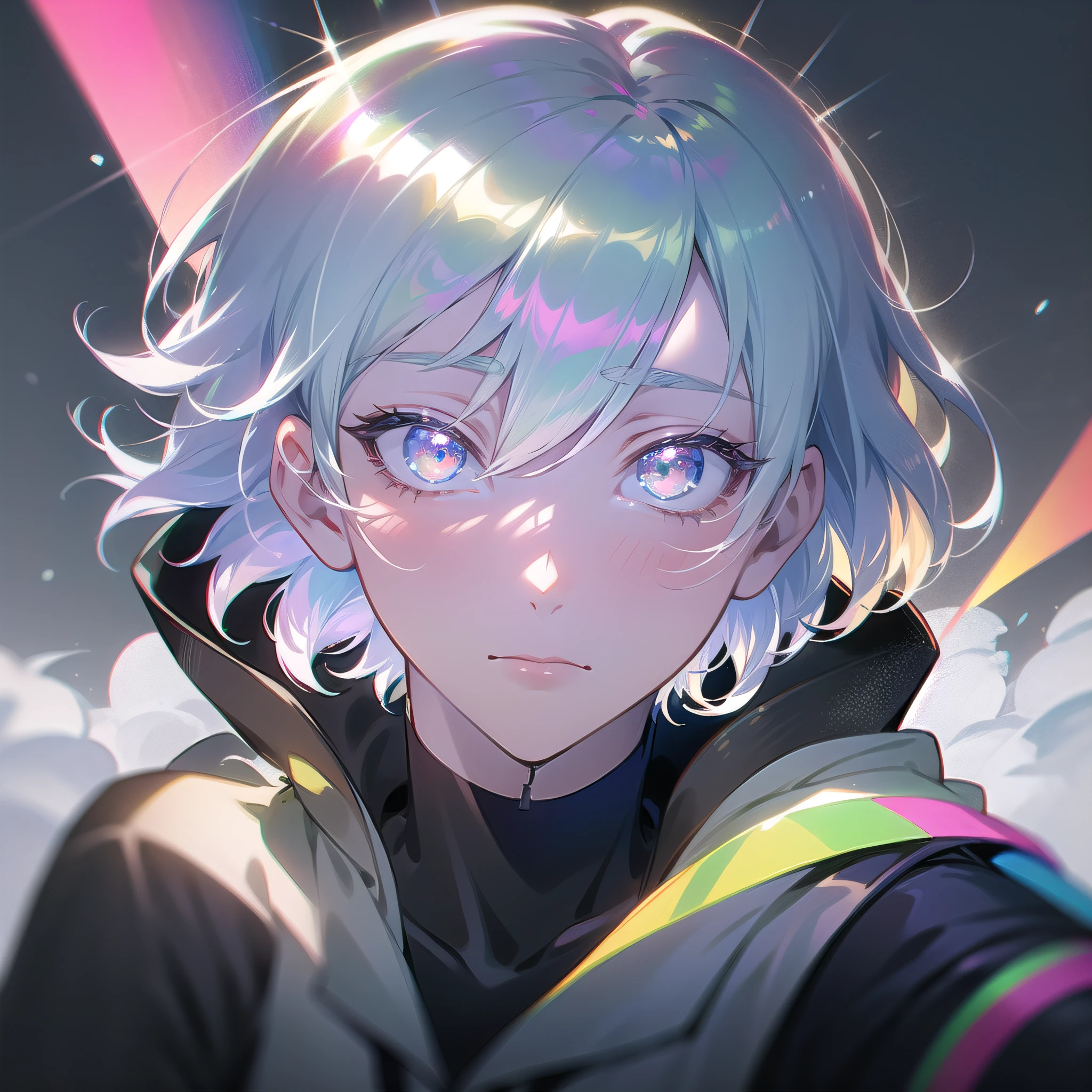 0.5>.1boy, short hair, jacket on back, diamond, multicolored hair, multicolored eyes, anime boy, snow