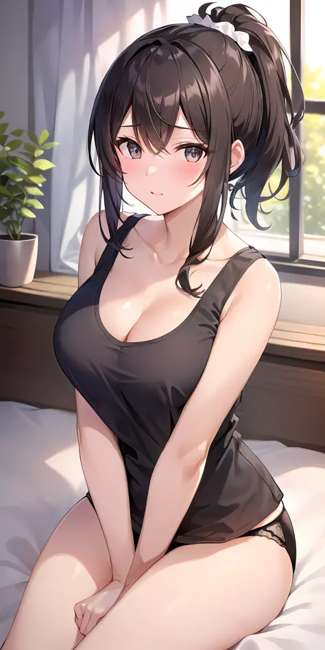 dark brown ponytail, tank top, panties, sitting on bed, busty, cleavage, blushing:1.2