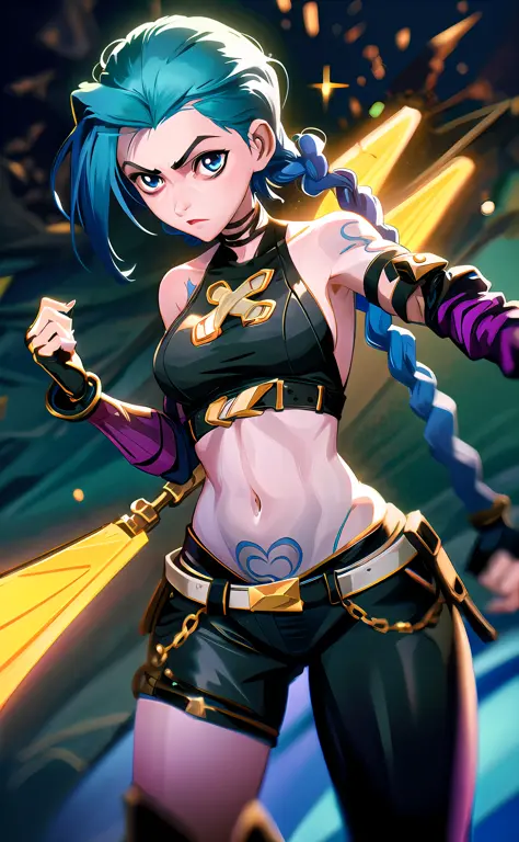 Jinx \(Arcane\), 1girl, fighting position, long hair, two braids, tattoos on the body, clouds print, belt, bodysuit, open navel, peeled sleeves, blue eyes, thigh vent, holding, holding a weapon, looking at the viewer, night, night sky, neon light, neon, ba...