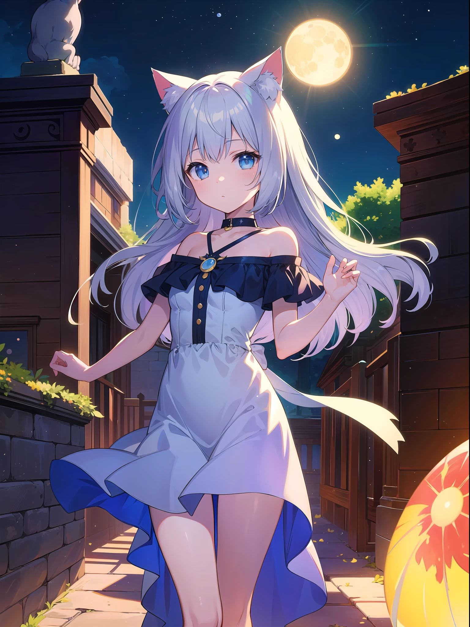 (Masterpiece), (Best Definition Animated Illustration), (Super Definition), One Girl, Solo, Beautiful Girl with Silver Hair, Cat Ears Loli, Sun and Moon