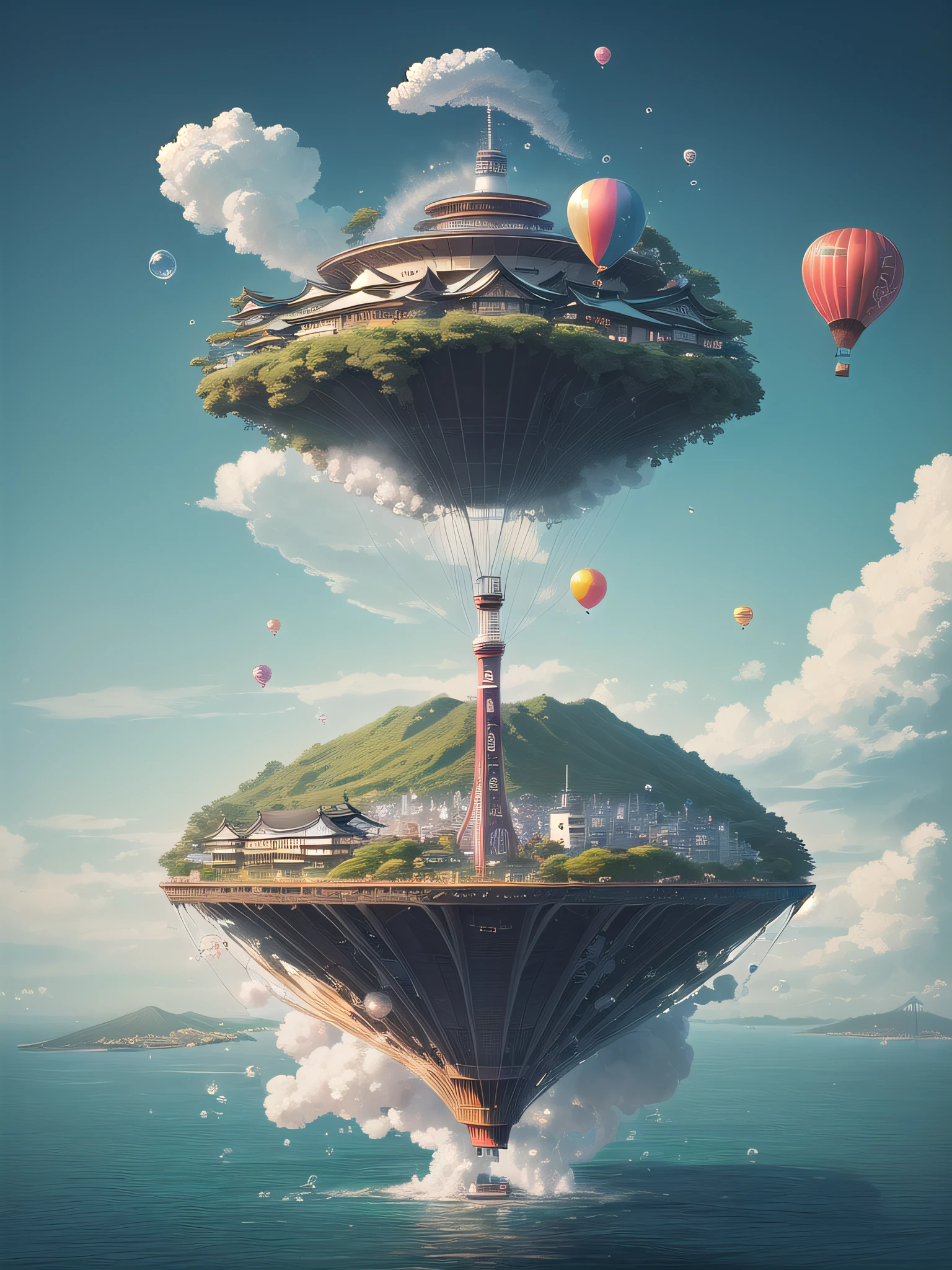 (((Japan)), Floating Island, Floating Island, Sky City, Cross-Sea Bridge, Cross-Sea Highway, Cross-Sea Railway, Steam Train, Balloon, Bubble, Rich Colors, Dazzling Art, Dream Art, Layering, Extreme Detail