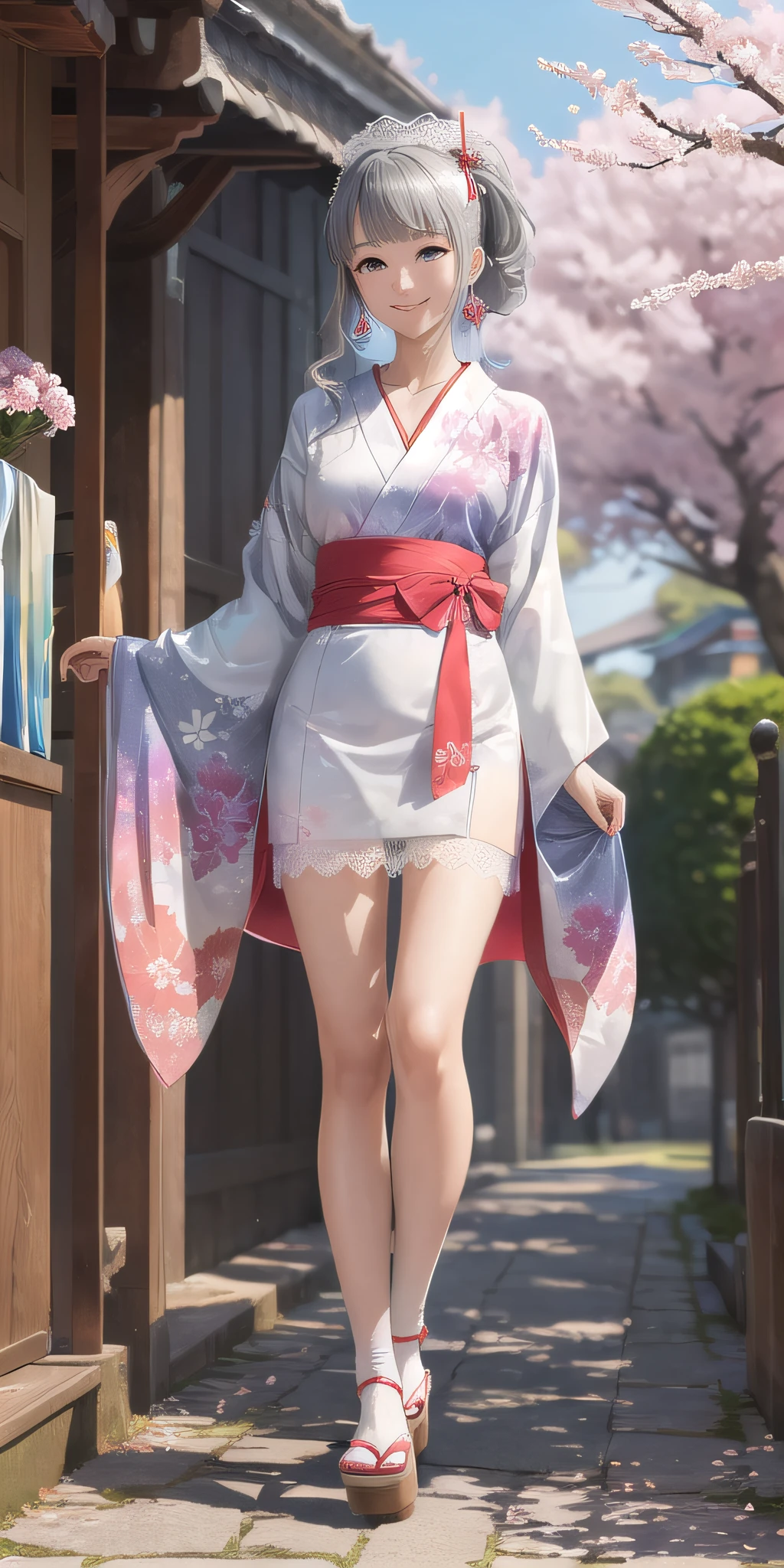 (((Maiden, Ayaka Kamisato, Close-up, Trailing, White and Red Japanese Kimono, Lace Stockings, Delicate Headdress, Cherry Blossom Falling,, Facing Me, Smiling, Standing, Tie-dye Craft, Wearing Clogs, 5 Toes, Long Legs, Shrine Street, Gaseous Sky, HD))), (((Super Detailed, Extreme Detail))), Super Fine Painting, Master Making, Full Body Shot, Highest Quality, 8K, Light Rainbow Glossy Hair, High Ponytail, High Ponytail, Gray Hair, Perfect Eye Makeup, Smile, Collarbone, (Early Morning Light, Warm sun, Tyndall effect)