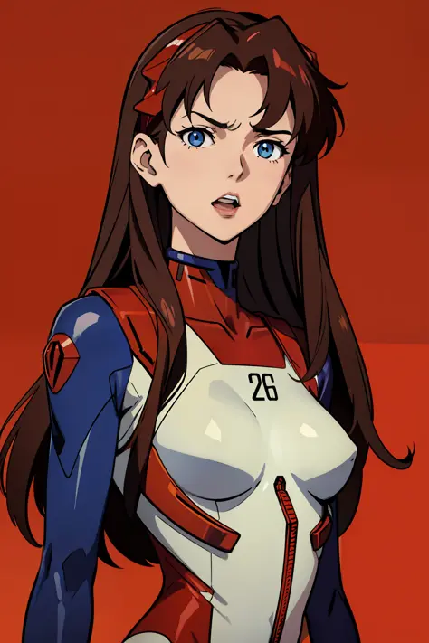 hands_on_own_chest,souryuu_asuka_langley,bodysuit,brown_hair,torn_bodysuit,rebuild_of_evangelion,1girl,large_breasts,upper_body,breasts,long_hair,skin_tight,hair_down,shiny_clothes,hair_ornament,very_long_hair,red_bodysuit,plugsuit,simple_background,solo,n...