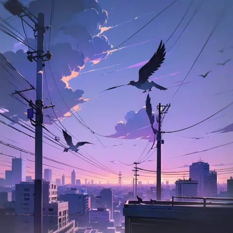 (masterpiece:1.5, best quality:1.5), ((VaporWave style, partially color)), close-up, from above, cinematic angle, power poles, birds in the sky, dusk, purple sky, (anime opening), city, urban life, (best shadows: 1.5, best lighting:1.5)
