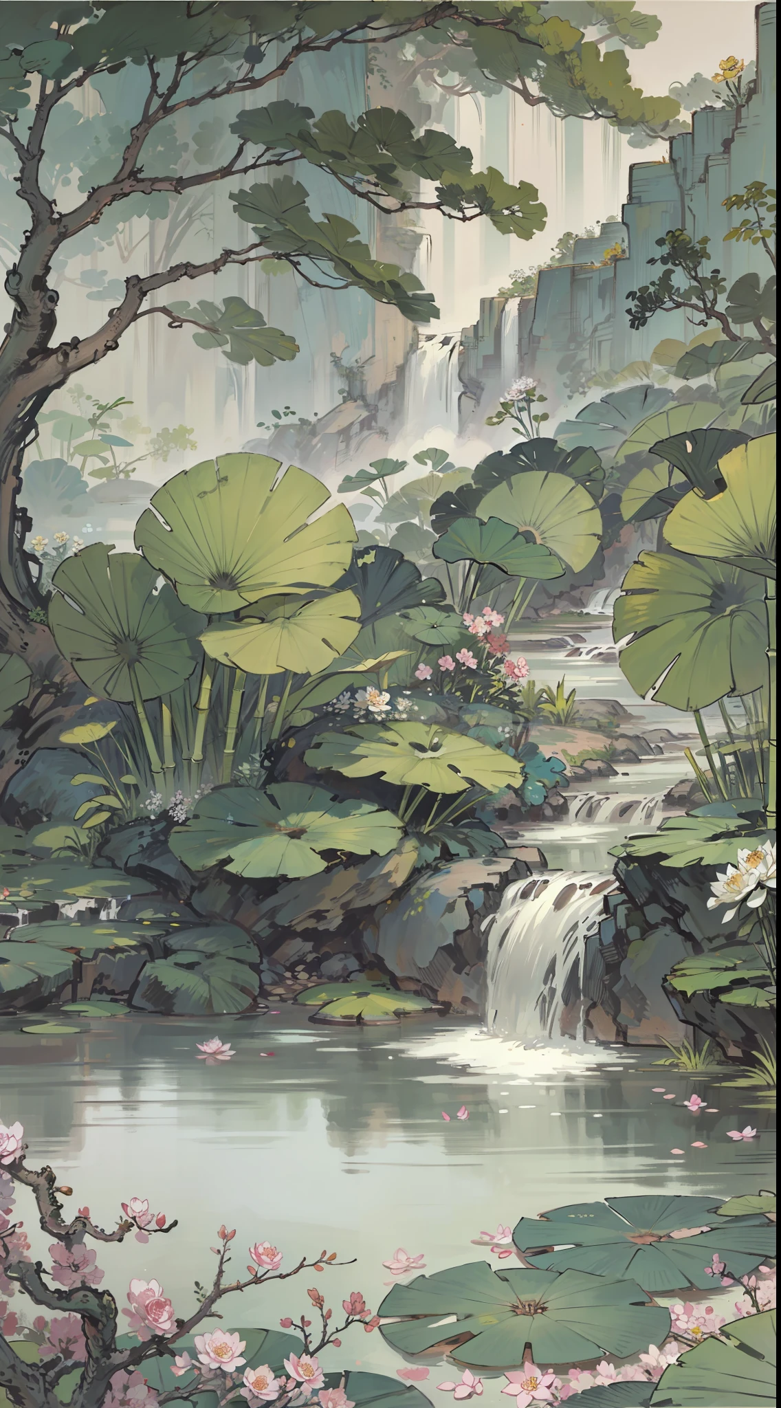 ((beste Qualität, Meisterwerk: 1.2)), CG, 8K, komplizierte Details, filmische Perspektive, (Niemand da), (Alter chinesischer Garten), pond filled with lotus Blumen, Felsen, Blumen, Bambuswälder, waterfalls, Waldgebiete, kleine Brücken über plätschernde Bäche, detailed foliage and Blumen, (Sonnenlicht scheint, Glitzernde Wellen), friedliche und ruhige Atmosphäre, ((Sanfte und elegante Farben)), ((exquisit gestaltete Komposition))