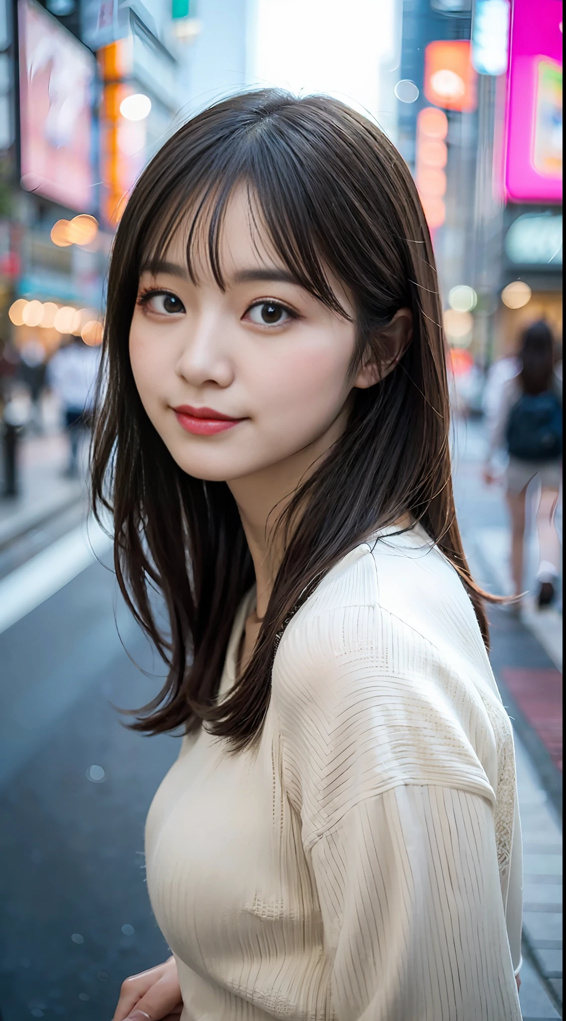 (japanese), (cute), (woman), (adult head), (casual clothes), (good body), (best proportions), sideways glance, downtown, tokyo, japan, social media composition, realistic, black hair, parted bangs, smile, blush, wide shot, f/2.8, 35mm, Sony FE, bokeh, Ultra-Wide Angle, ray tracing, cinematic lighting, 8k, best quality, super detail, textured skin, masterpiece