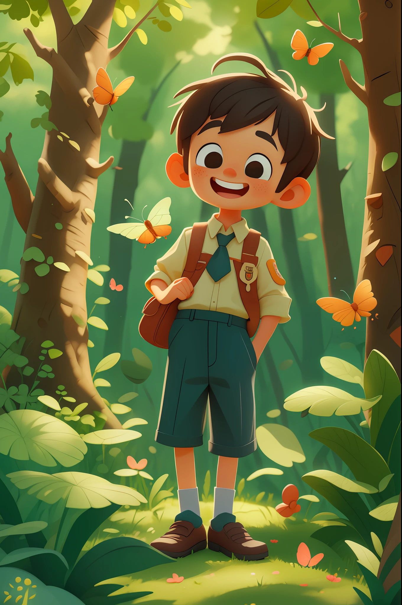 Un garçon mignon heureux debout cheveux courts, porter un uniforme scolaire, jouer avec un papillon, En plein air, fond de forêt, enfant, Ton, À la manière de Pixar, 3D, carTon, Visage détaillé, asymétrique