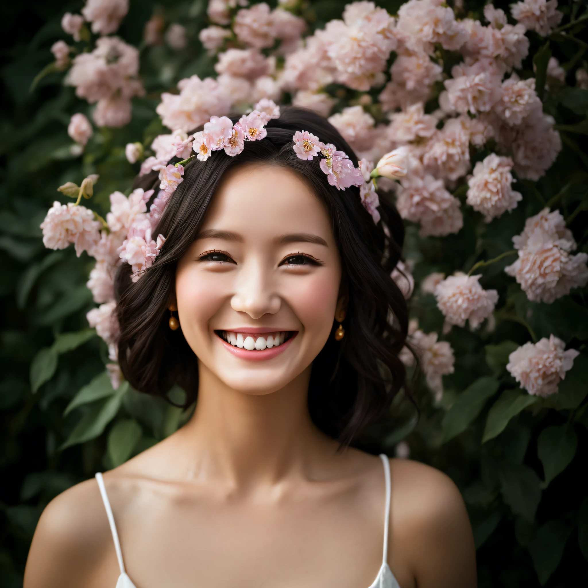 Beautiful woman with flowers and a crown of flowers in her hair, (smiling as much as possible:1.5), hair flyer, (black hair: 1.5), (black eyes: 1.5), (Japan people: 1.0), flower storm portrait, flower woman, hair flower, hair flower, flower girl, flower goddess, beautiful portrait photo, girl with flower head, perky woman made of petals, portrait of a woman with flowers, Girl at the front of the flower garden