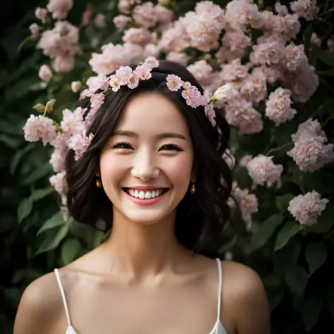 Beautiful woman with flowers and a crown of flowers in her hair, (smiling as much as possible:1.5), hair flyer, (black hair: 1.5...