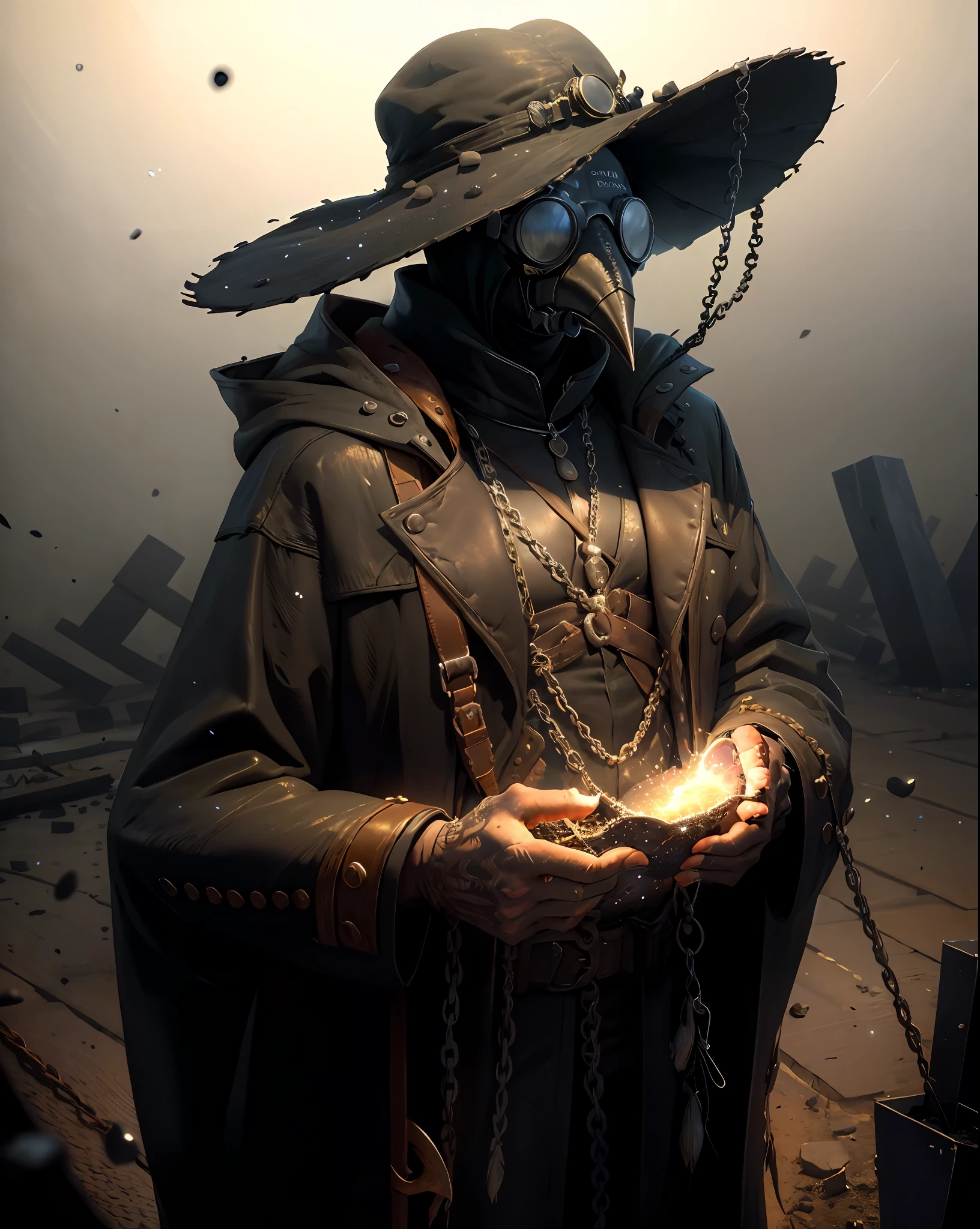 (Masterpiece, Best Quality), High Resolution, (8K Resolution), Center, (Ultra Detailed), Mad God, Solo, Plague Doctor, Goggles, Cap with Brim, Chain, Black Veil, Trench Coat, Beak Mask, Volume Illumination:1.1, Darkness, (Detail: 1.2), Sharp Focus, Floating Particles, (Depth of Field), High Quality, Fujifilm 85mm, Ruins, Landscape, Extremely detailed background, nightmare, 8k, intricate, grip, long-handled sickle, long fingers, long nails,