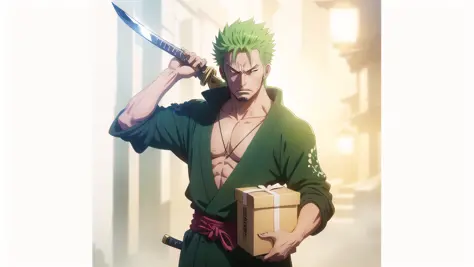 (2D art), (anime style), 2d art, intricate details, man, green hair, Japanese clothes, cicatris in the eye, angry appearance, katana resting on the shoulder, holding a box with his arm, supporting a box from the waist side, anime screenshot, soft lighting,...