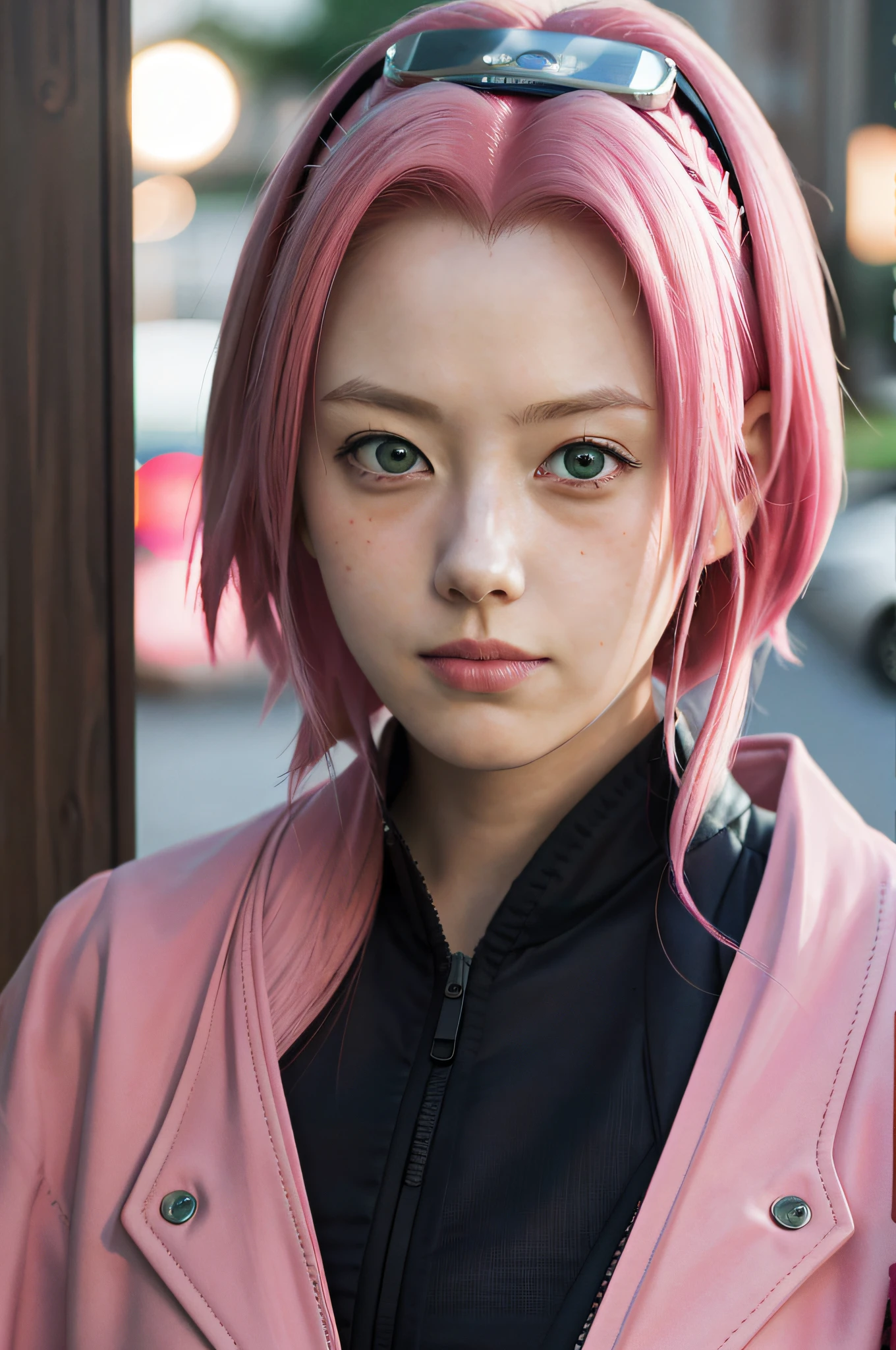 masterpiece, (photorealistic: 1.4), best quality, beautiful lighting, SakuraNS, pink hair, solo, look_at_viewer, parted_lips, portrait, blurry, parody, meme, forehead, RAW photo, 8k uhd, film grain