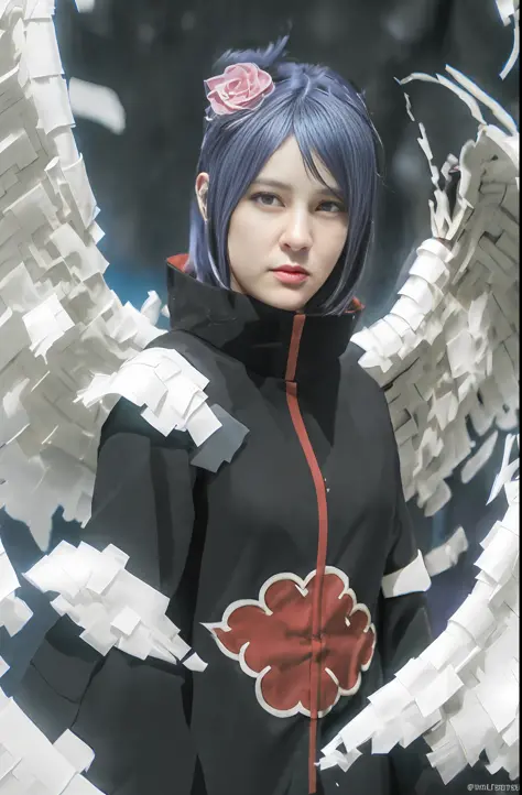 Best quality, 8k, 32k, Masterpiece, photo realistic, realistic, anime cosplay with purple wings and black wig and outfit, anime ...