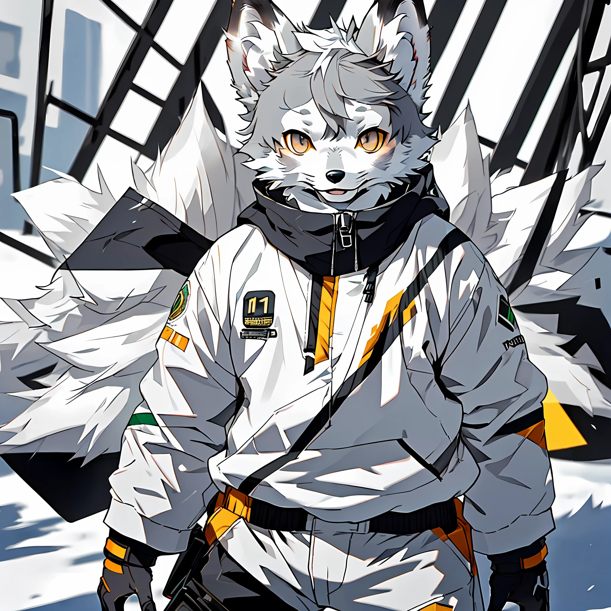 high detail, hyper quality, high resolution, 1080P, solo, furry, (male arctic fox: 1.5), (gray fur: 1.5), (gray skin: 1.5), gray ears, golden eyes, canine paws, (fluffy tail: 1.2), detailed figures, (furry feeling of animal ears), piloting mechs,