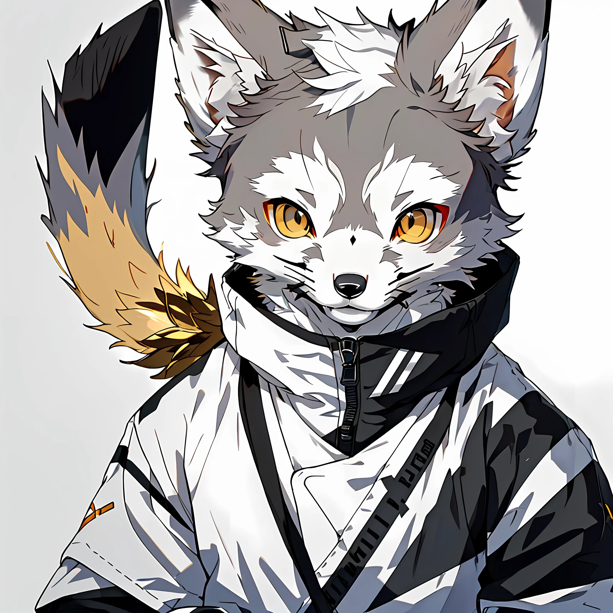 high detail, hyper quality, high resolution, 1080P, solo, furry, (male arctic fox: 1.5), (gray fur: 1.5), (gray skin: 1.5), gray ears, golden eyes, canine paws, (fluffy tail: 1.2), detailed figures, (furry feeling of animal ears), piloting mechs,