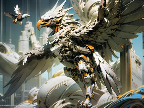Mechanical eagle flying high, eagle in cyber armor, (((eagle))), (((left and right symmetry))), mechanical feathers, red biomech...