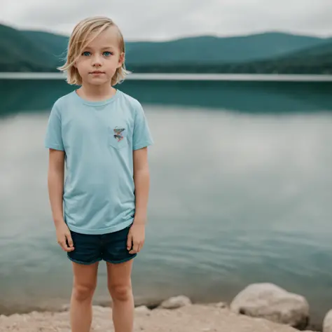 Photo RAW, a portrait photo of blonde child with 'blue eyes' in casual clothes, natural skin. in front of a lake, 8k uhd, high quality, film grain, Fujifilm XT3