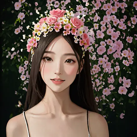 beautiful woman with flowers and crown of flowers in hair, hair flyer, (black hair: 1.5), (smile: 1.5), (black eyes: 1.5), (japa...