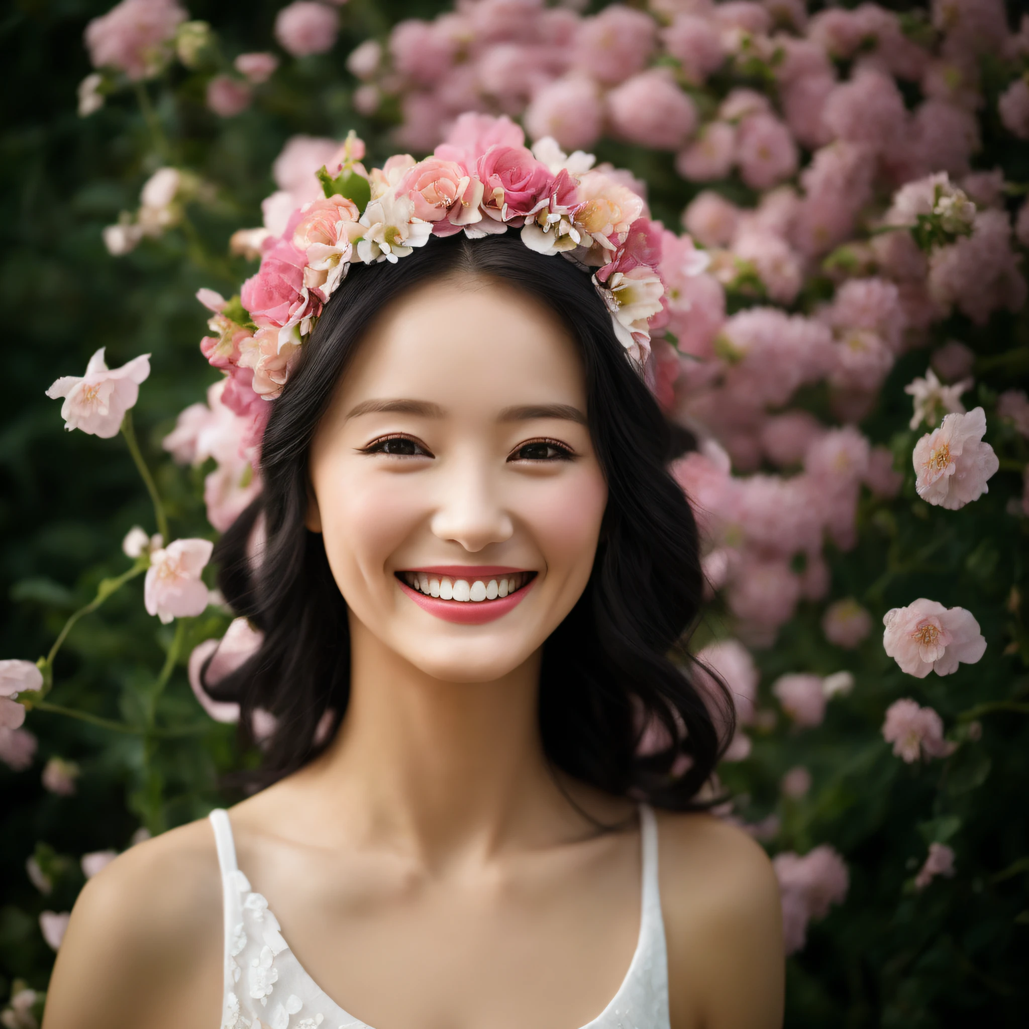 Beautiful woman with flowers and a crown of flowers in her hair, (smiling as much as possible:1.5), hair flyer, (black hair: 1.5), (black eyes: 1.5), (Japan people: 1.0), flower storm portrait, flower woman, hair flower, hair flower, flower girl, flower goddess, beautiful portrait photo, girl with flower head, perky woman made of petals, portrait of a woman with flowers, Girl at the front of the flower garden