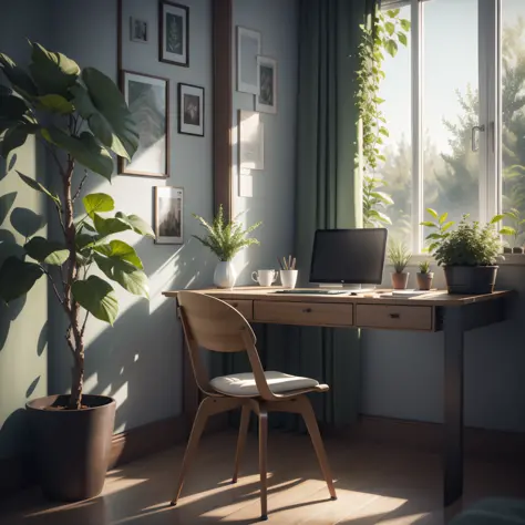 In front of the window there is a table with a backrest computer chair, embellished with greenery, realistic afternoon lighting,...