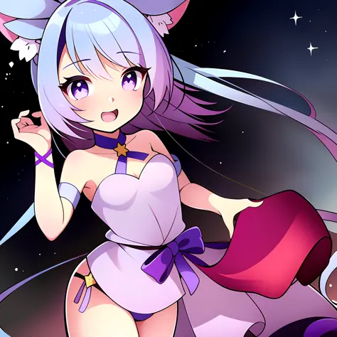 1 girl with cat ears with purple and white hair and cat tail, anime style oshi no ko, and with star eyes