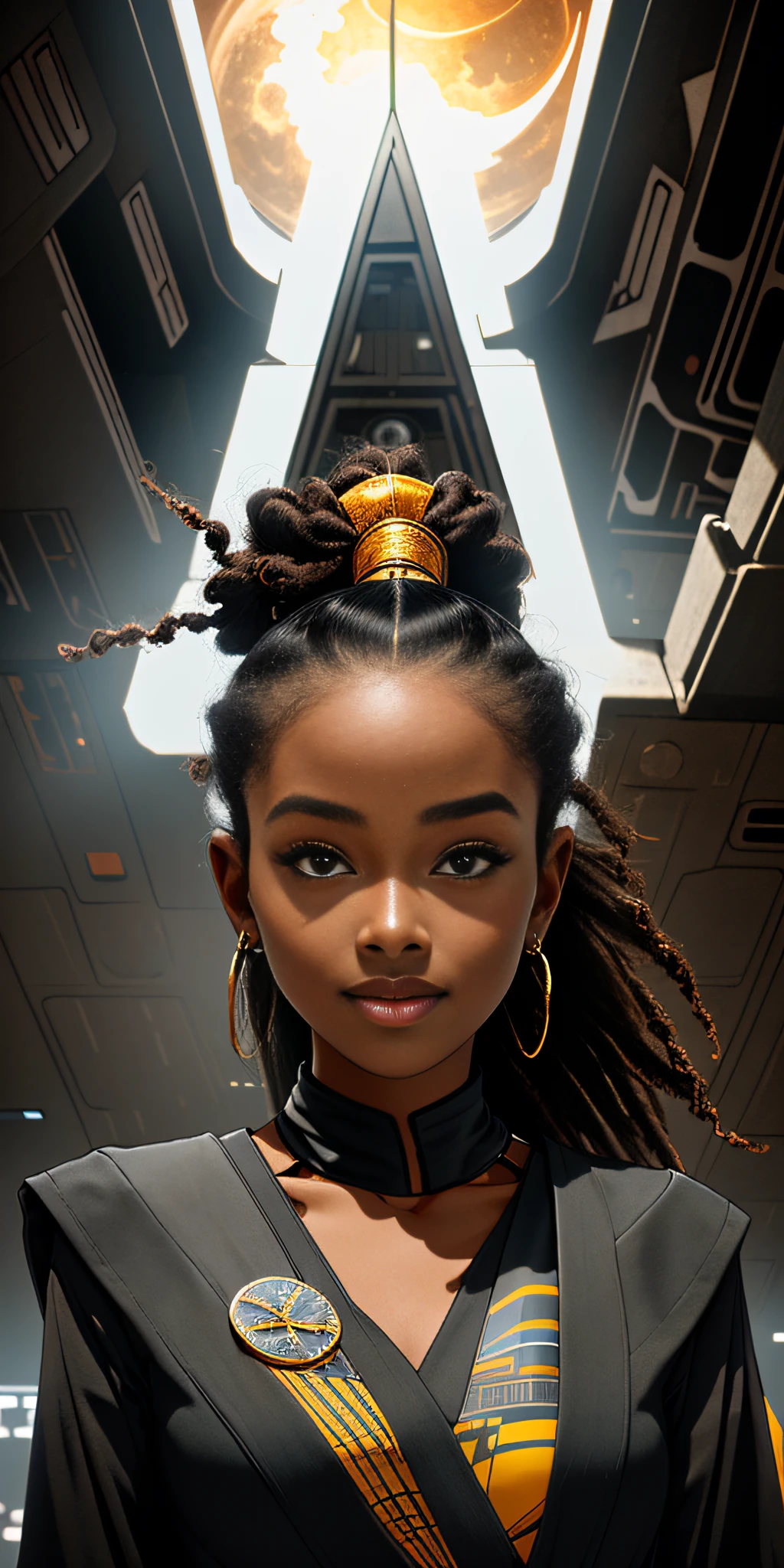 ((realistic image of a beautiful African-American woman, dark skin color)), beautiful smile, ((looking at the night sky, standing in front of the Millennium Falcon)), wearing mandallor armor, long mega hair hair, dreadlocks, ((kanekalon)), camera view against plongée, golden ratio, dark background lighting, close-up, detailed facial details, perfect face, sharpness, trend art, sharp facial details,  Ultra high quality, line art, high fantasy, exquisite, 4K, soft lighting 8K, dreamer--ISO 100