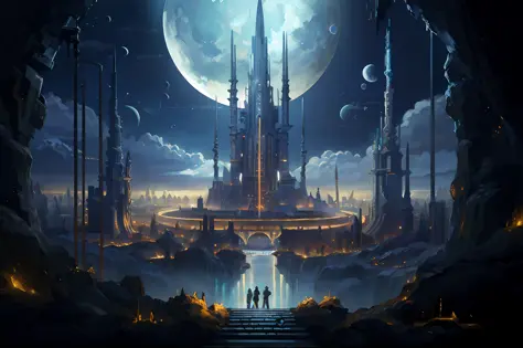 there is a large futuristic masterpiece arabian palace in the middle of a futuristic arabian city with a moon, in fantasy sci - ...