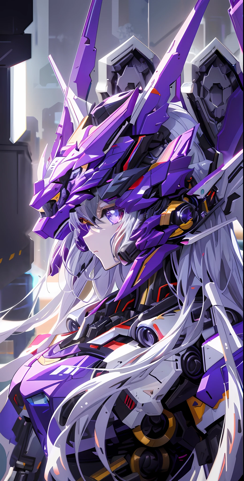 a close up of a purple and white robot with long hair, cyberpunk anime girl mech, robot mecha female dragon head, anime mecha aesthetic, best anime 4k konachan wallpaper, anime manga robot!! anime girl, female mecha, anime style 4 k, detailed digital anime art, mecha asthetic, cool mecha style, detailed anime art