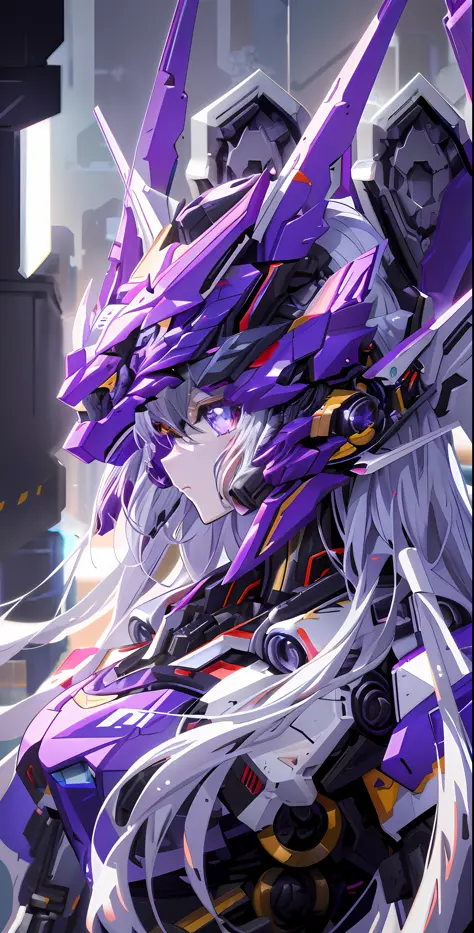 a close up of a purple and white robot with long hair, cyberpunk anime girl mech, robot mecha female dragon head, anime mecha ae...