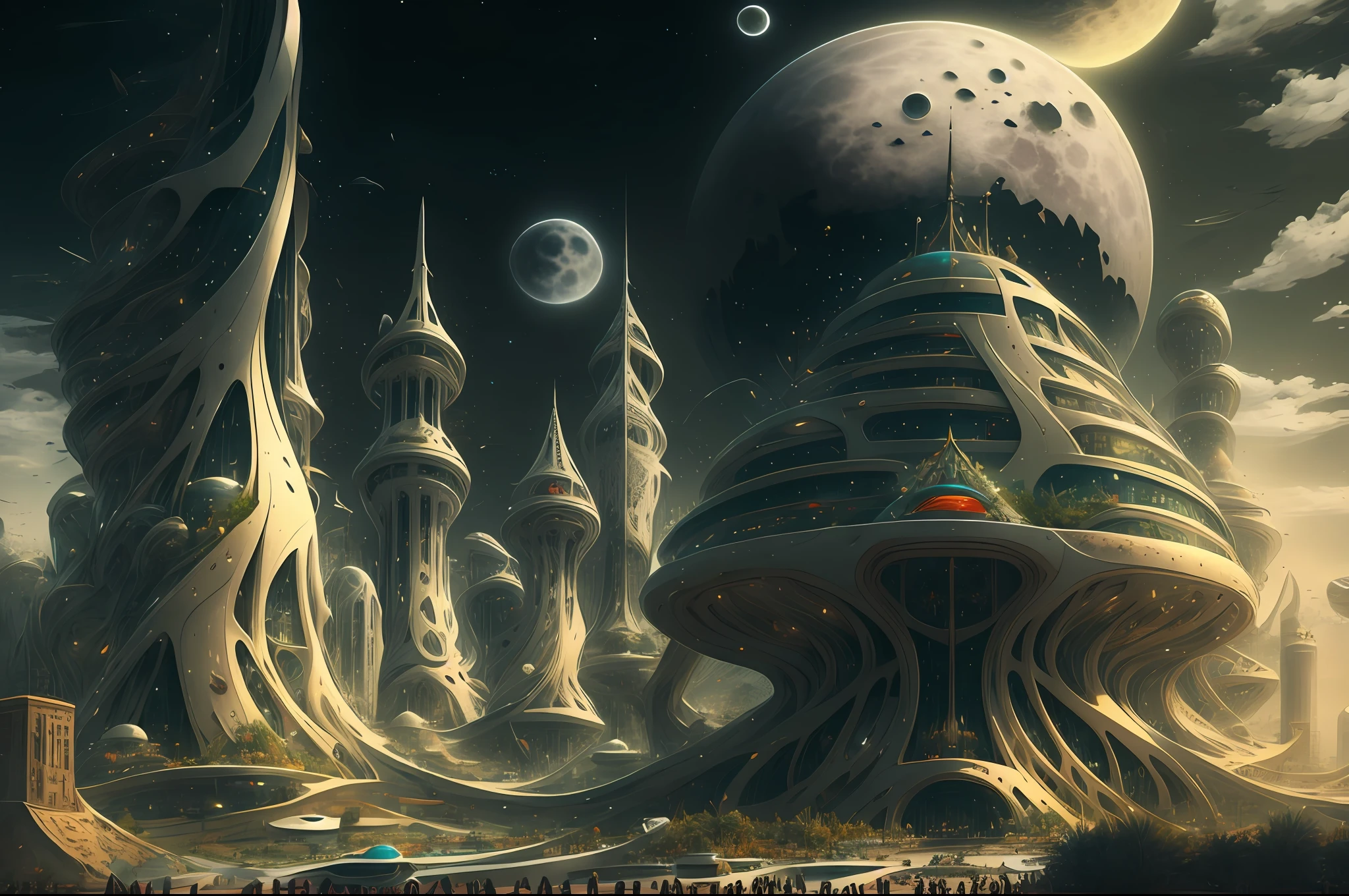 there is a large futuristic masterpiece Arabian palace in the middle of a futuristic arabian city with a moon, in fantasy sci - fi city, sci-fi fantasy wallpaper, masterpiece Quranic art cityscape, epic   Quranic art sci fi illustration, huge futuristic Quranic art city, fantasy scifi, sci-fi fantasy desktop wallpaper, Quranic art city background, in front of a fantasy city, fantasy city, in a castle on an alien planet with masterpiece Quranic art