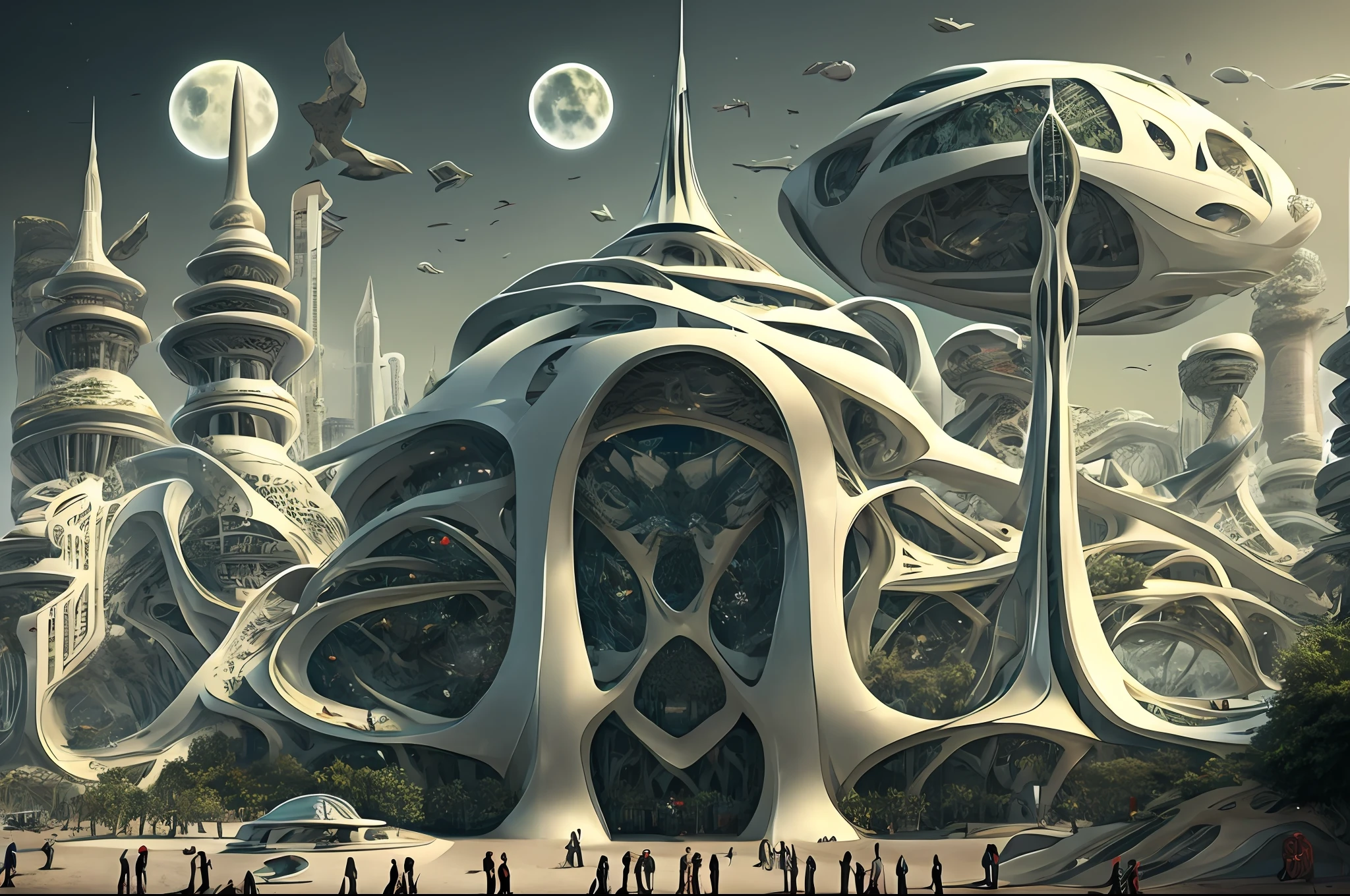 there is a large futuristic masterpiece Arabian palace in the middle of a futuristic arabian city with a moon, in fantasy sci - fi city, sci-fi fantasy wallpaper, masterpiece Quranic art cityscape, epic   Quranic art sci fi illustration, huge futuristic Quranic art city, fantasy scifi, sci-fi fantasy desktop wallpaper, Quranic art city background, in front of a fantasy city, fantasy city, in a castle on an alien planet with masterpiece Quranic art