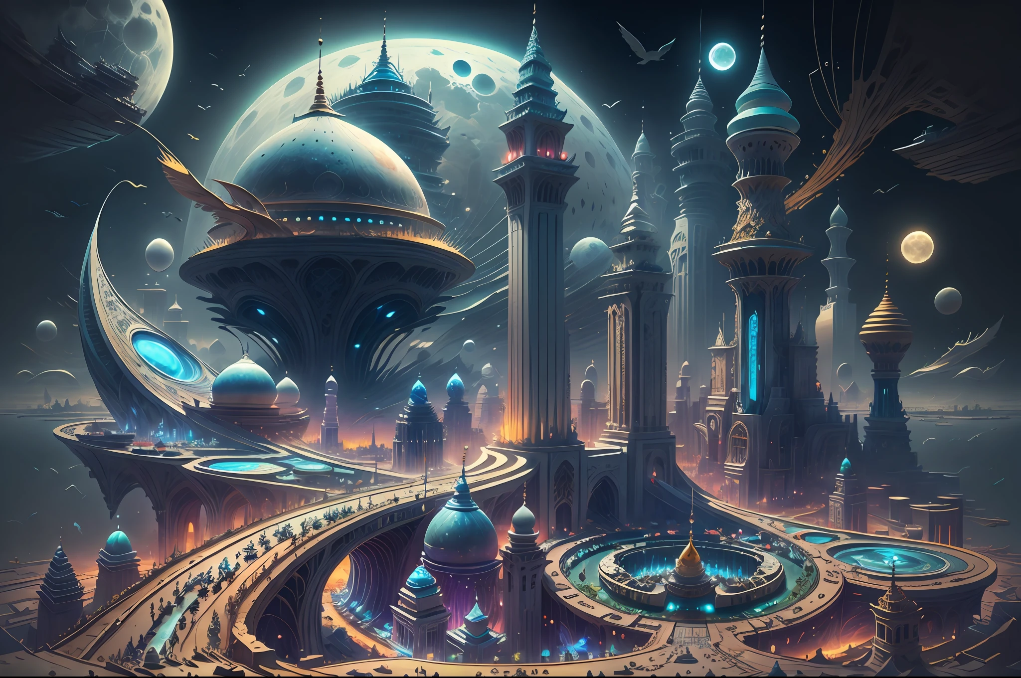 there is a large futuristic masterpiece Arabian palace in the middle of a futuristic arabian city with a moon, in fantasy sci - fi city, sci-fi fantasy wallpaper, masterpiece Quranic art cityscape, epic   Quranic art sci fi illustration, huge futuristic Quranic art city, fantasy scifi, sci-fi fantasy desktop wallpaper, Quranic art city background, in front of a fantasy city, fantasy city, in a castle on an alien planet with masterpiece Quranic art