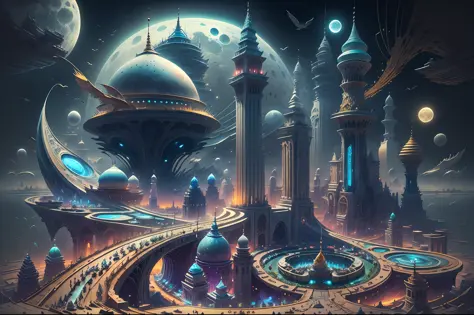 there is a large futuristic masterpiece Arabian palace in the middle of a futuristic arabian city with a moon, in fantasy sci - ...