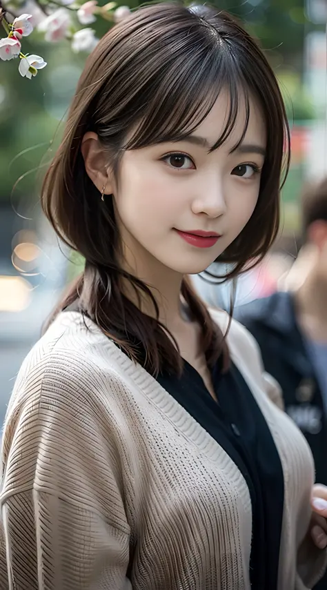 (japanese), (cute), (woman), (adult head), (casual clothes), (good body), (best proportions), sideways glance, park, sakura, tokyo, japan, social media composition, realistic, black hair, parted bangs, smile, blush, wide shot, f/2.8, 35mm, Sony FE, bokeh, ...
