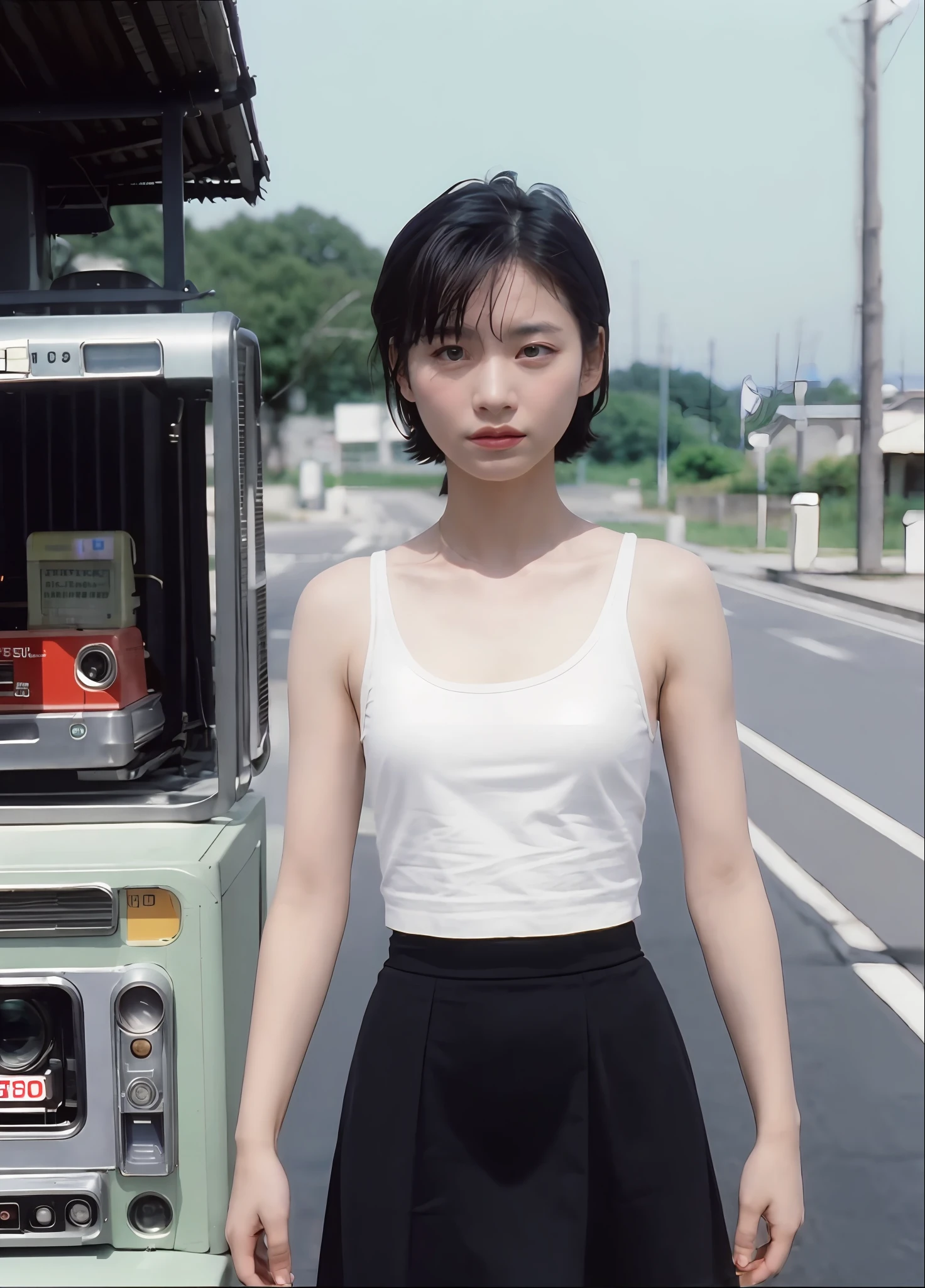 1 woman, black shorthair,tanktop, mini skirt, movie still, 30mm lens, polaroid, analog photo, vhs, lomo, masterpiece, best quality, (film grain:1.1), ultra high res, RAW