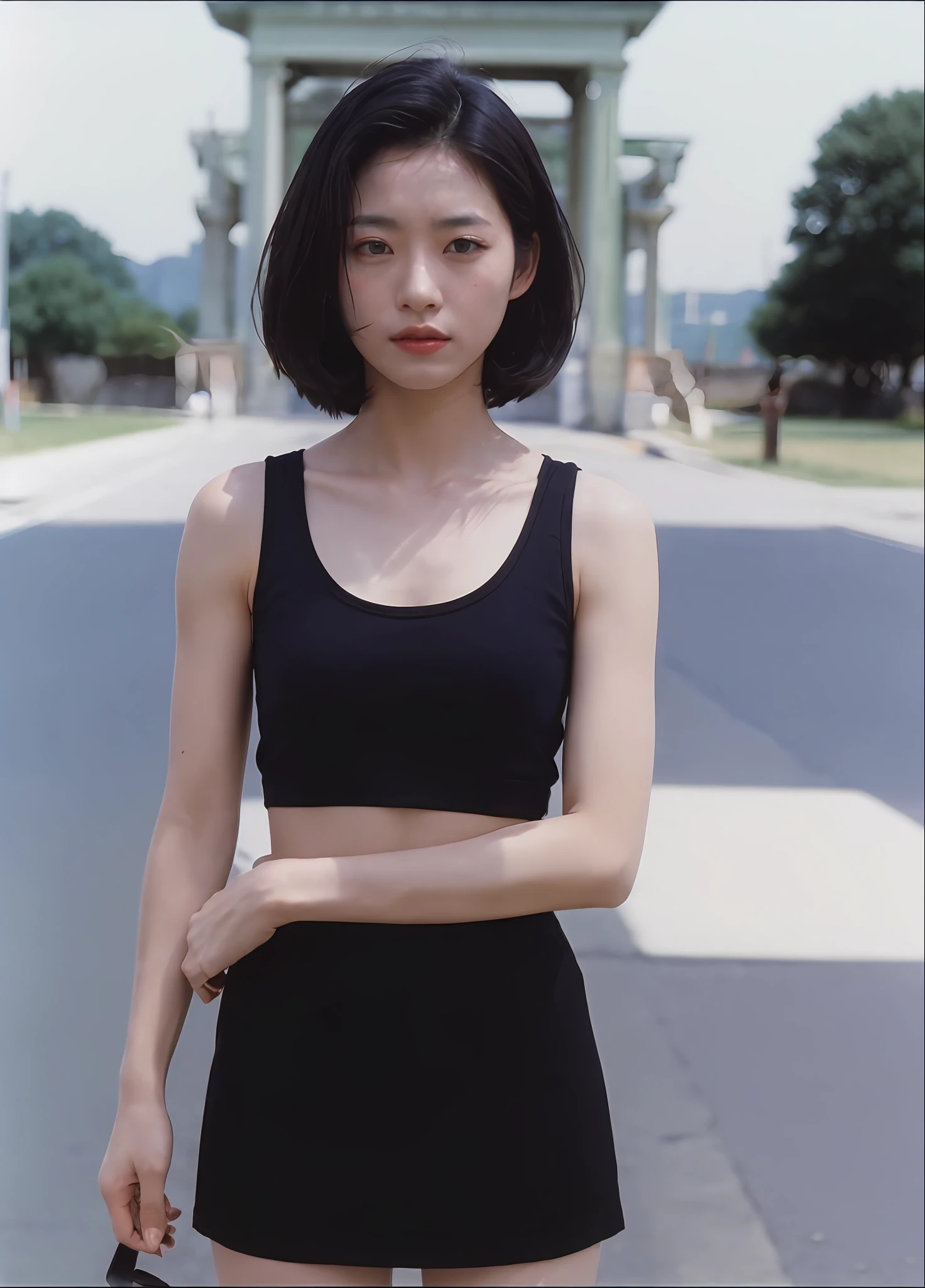 1 woman, black shorthair,tanktop, mini skirt, movie still, 30mm lens, polaroid, analog photo, vhs, lomo, masterpiece, best quality, (film grain:1.1), ultra high res, RAW